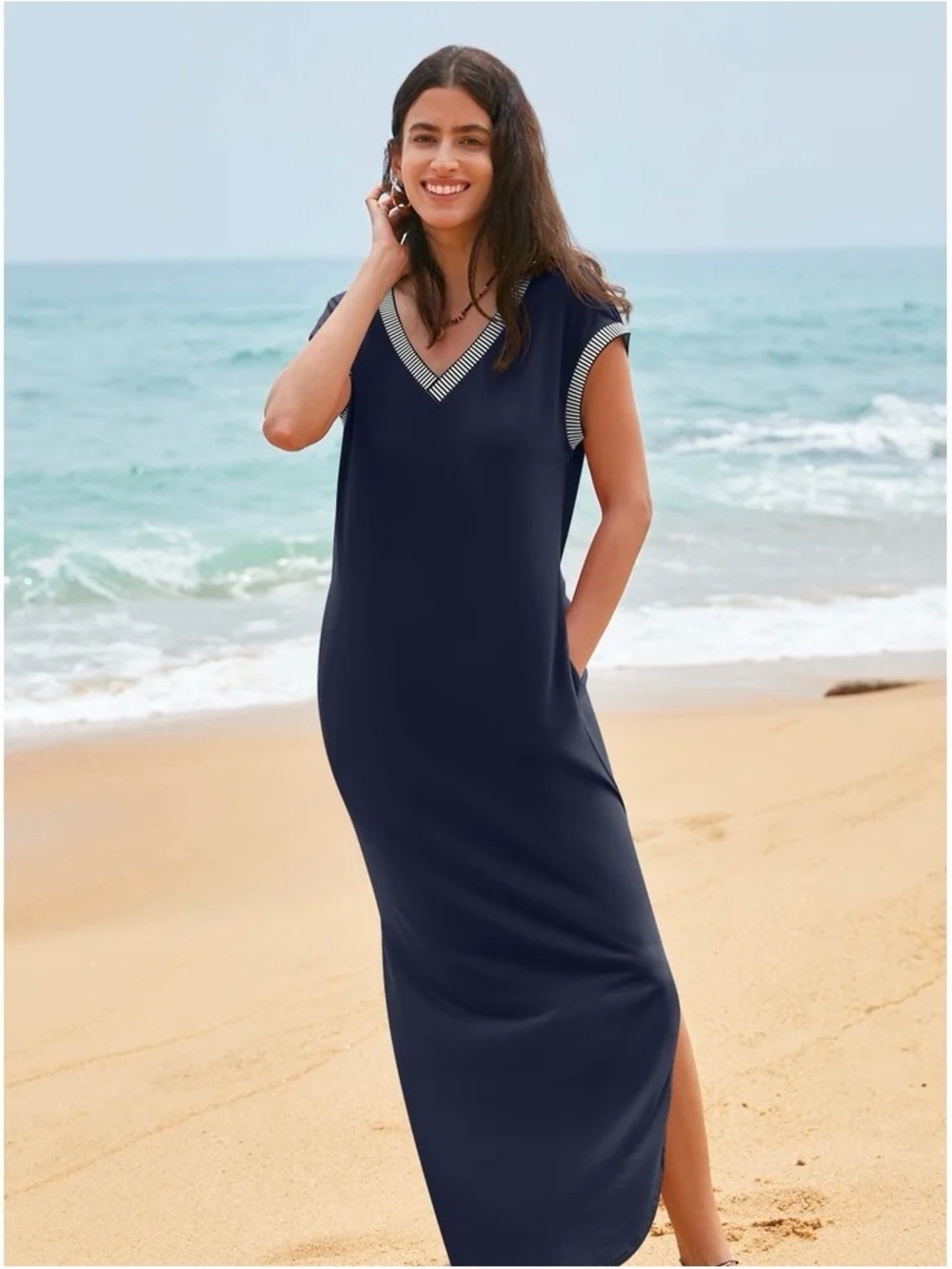 NWT Navy Stripe Trim Maxi Dress